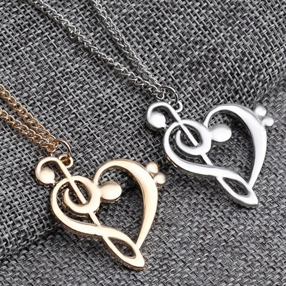 Treble Base Clef Musical Heart Necklace - Picture 1 of 4